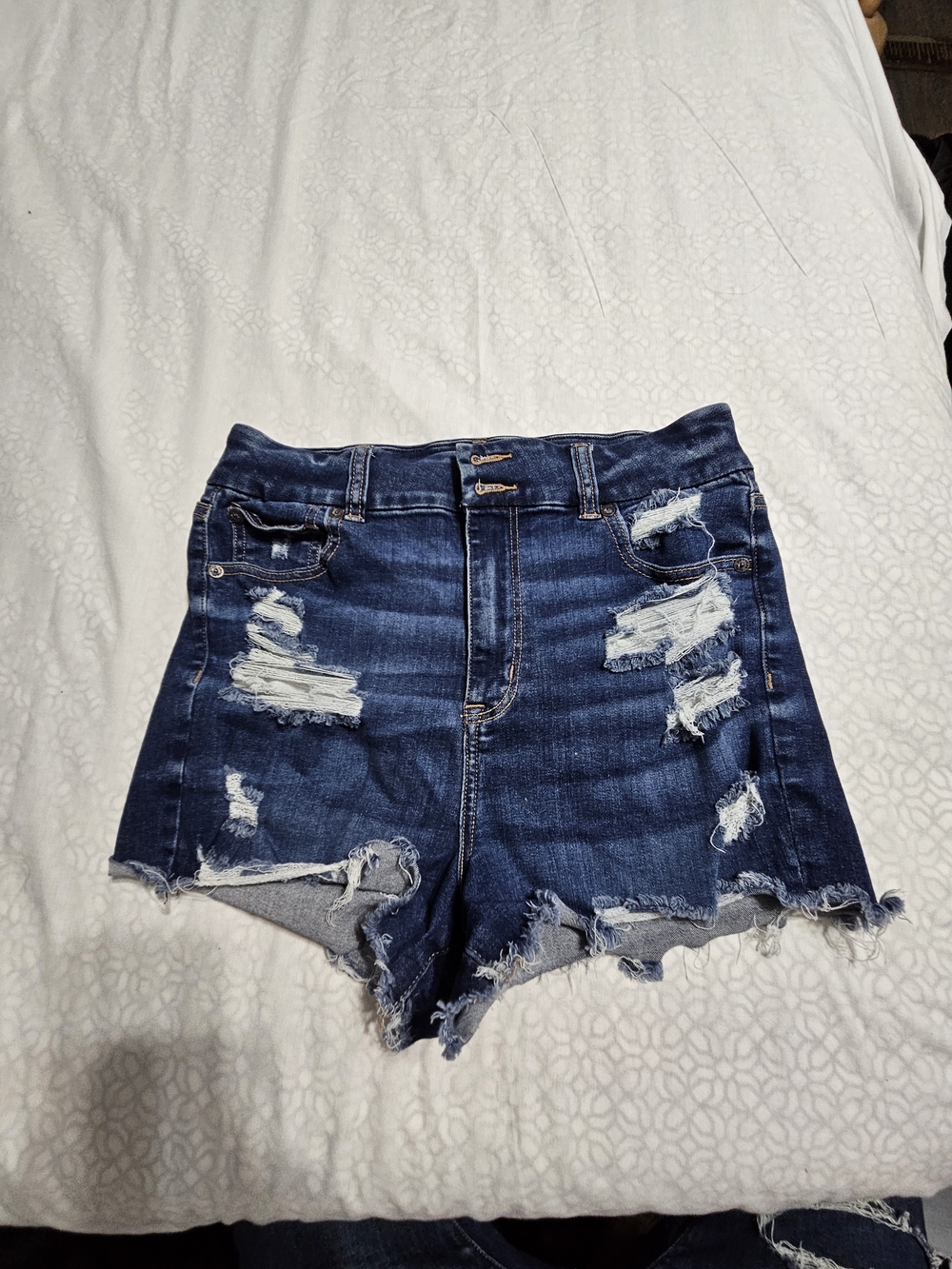 American Eagle Outfitters Distressed Dark Blue High-Rise Denim Shorts